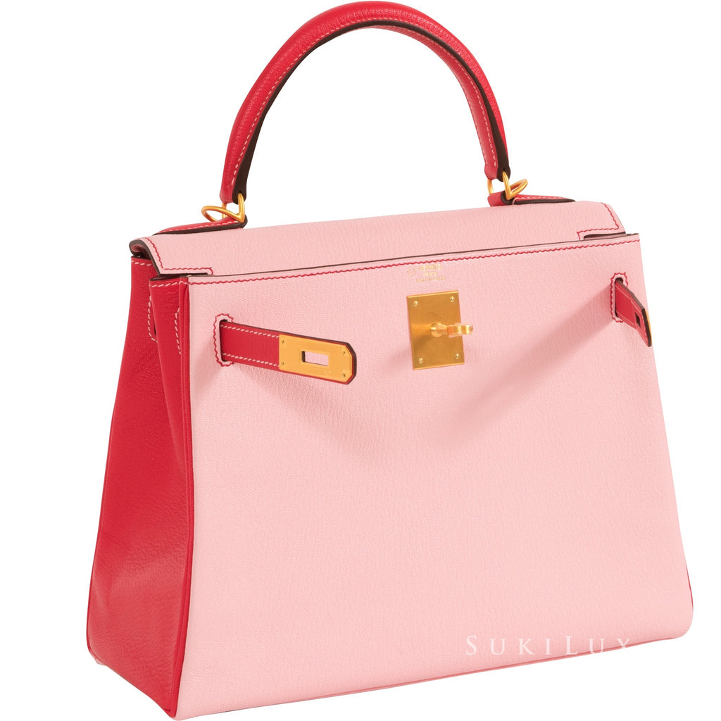 Hermès Kelly 28cm Sellier Chevre Mysore Goatskin 3Q Rose Sakura/A5 Bougainvillier Bi-Color Gold Hardware