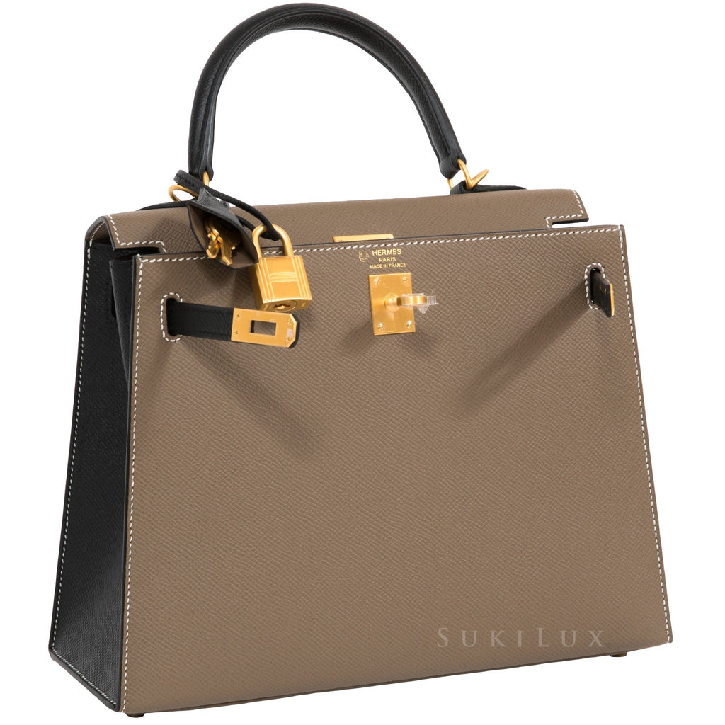 Hermès Kelly 28cm Sellier Veau Epsom Noir 89/Etoupe 18 Bi-Color Gold H –  SukiLux