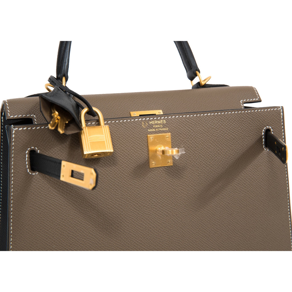 Hermès Kelly 28cm Sellier Veau Epsom Noir 89/Etoupe 18 Bi-Color Gold Hardware