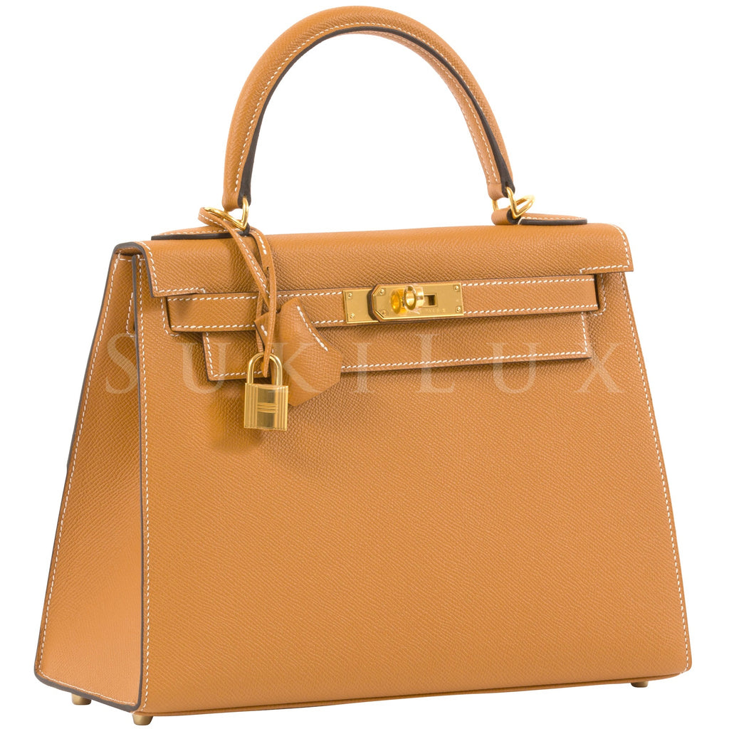 Hermes Kelly 25 Orange Sellier Epsom Leather Shoulder Bag Gold