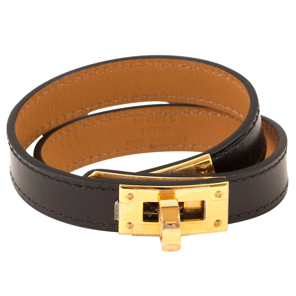 Hermes Kelly Double Tour Bracelet in Gold Guilloche Hardware, Black Leather,  no Dust Cover & Box