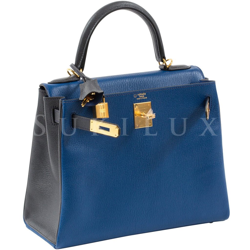 Hermès Kelly 28cm Retourne Chevre Goatskin Blue Saphir 73/8P Plomb Bi-color Gold Hardware