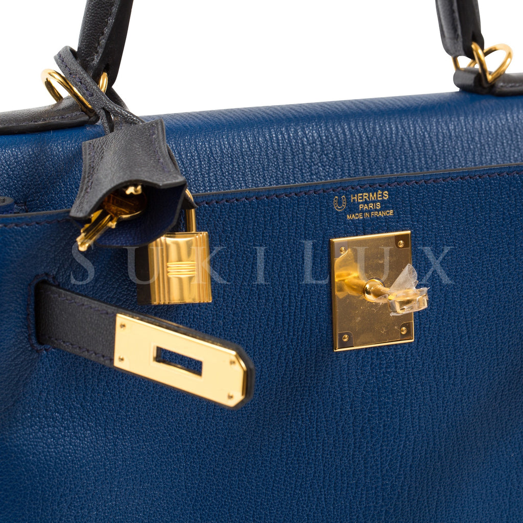 Hermès Kelly 28cm Retourne Chevre Goatskin Blue Saphir 73/8P Plomb Bi-color Gold Hardware
