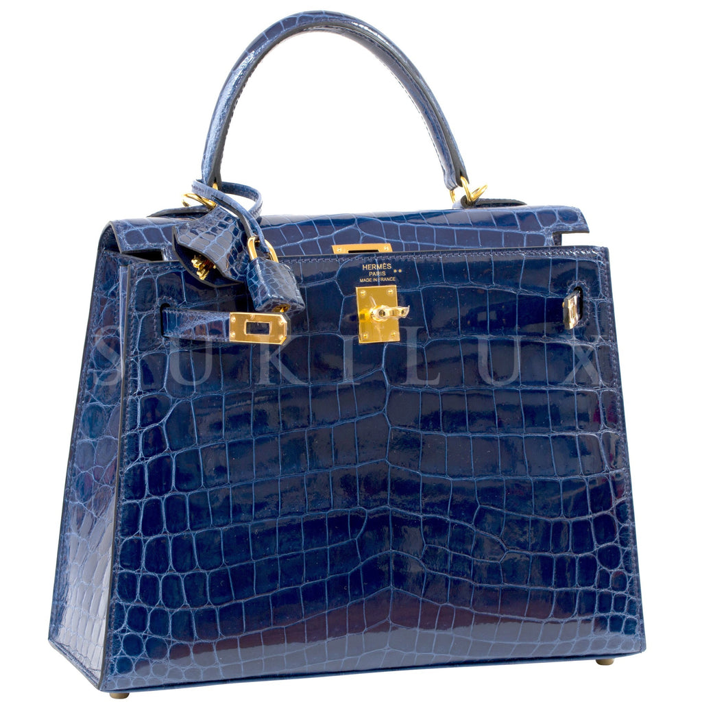 Hermès Kelly 25cm Sellier Crocodile Shiny Nilo 73 Bleu Saphir Gold