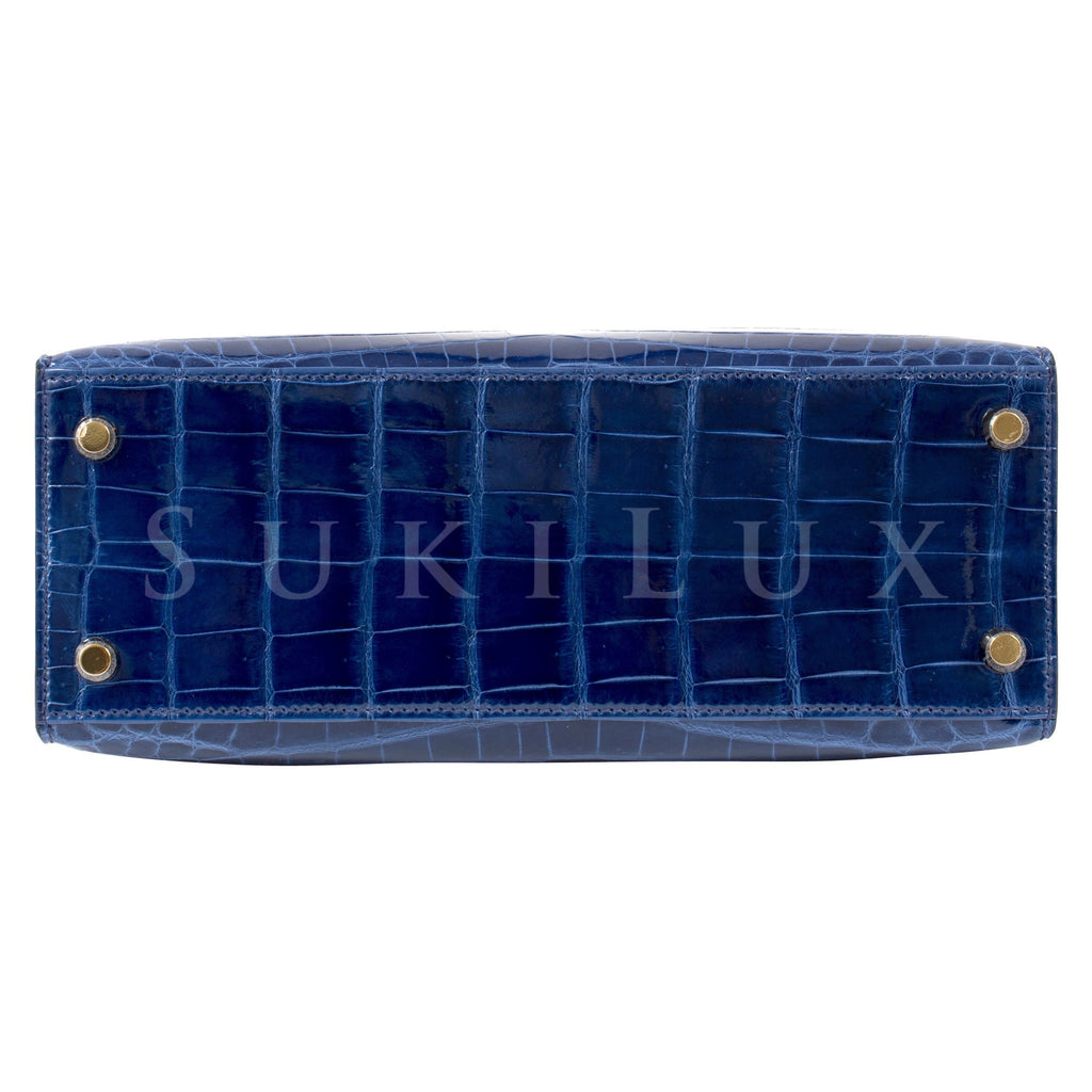 Hermès Kelly 25cm Sellier Crocodile Shiny Nilo 73 Bleu Saphir Gold Hardware