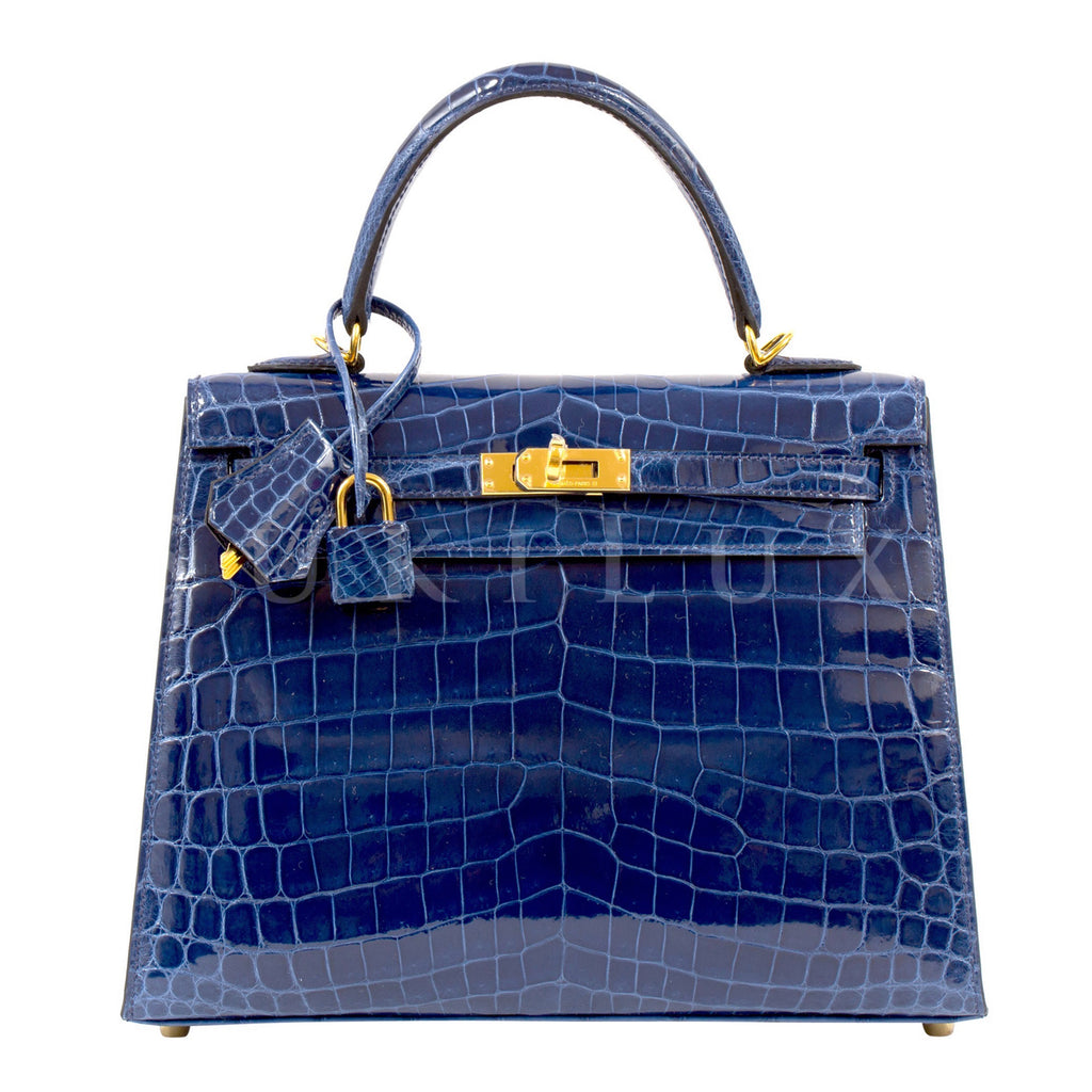 Hermès Kelly 25cm Sellier Crocodile Shiny Nilo 73 Bleu Saphir Gold Hardware