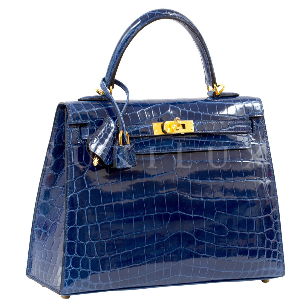 Hermes Blue Saphir Sapphire Crocodile Gold Birkin 25 Handbag Kelly