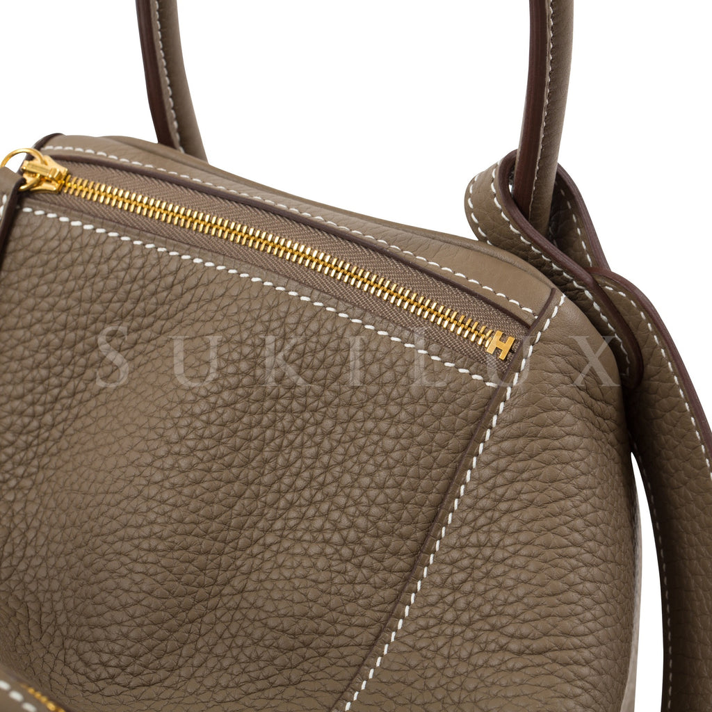 Hermes Lindy bag 26 Etoupe grey Clemence leather Gold hardware