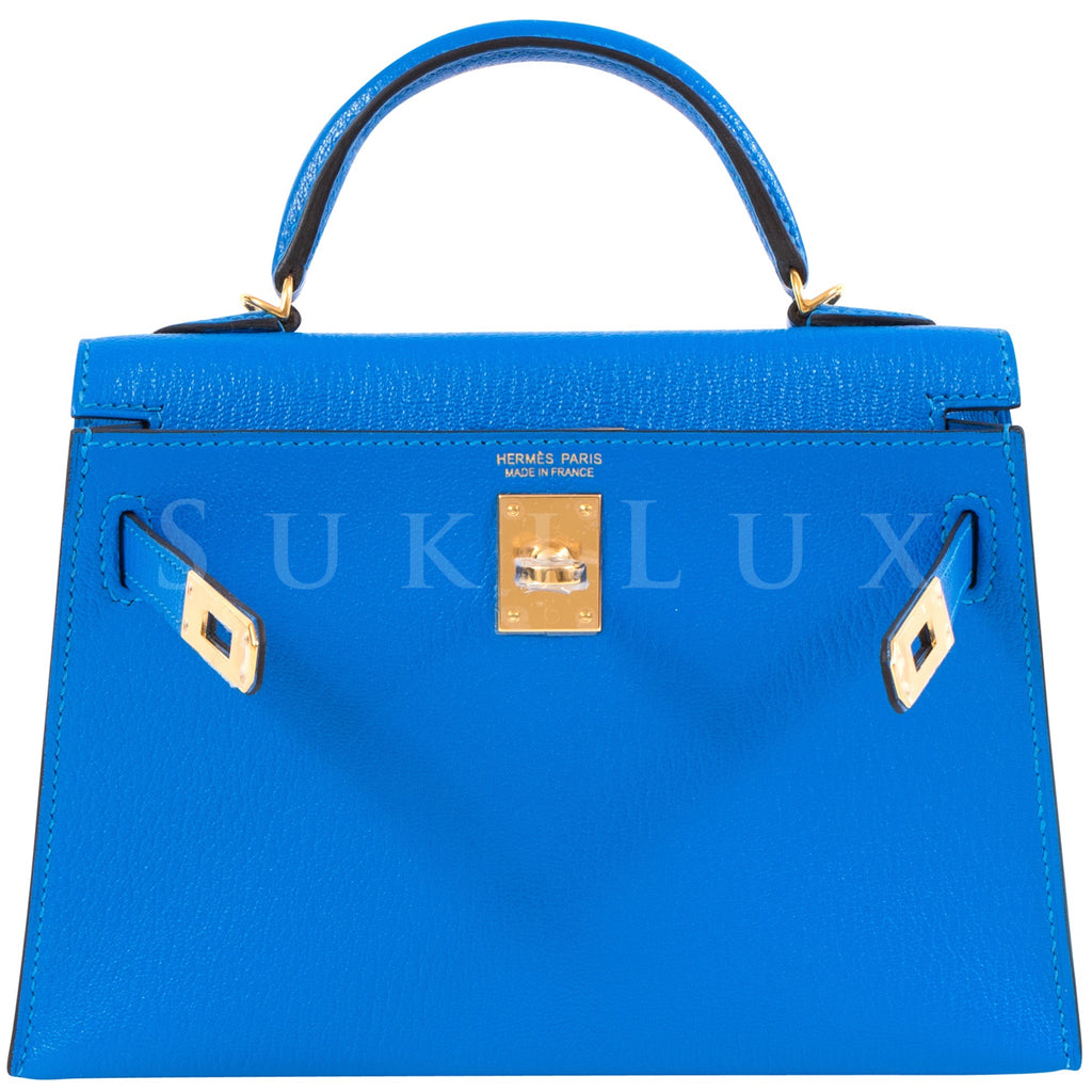 Hermès MiniKelly II Bleu Hydro Chevre Goatskin Gold Hardware