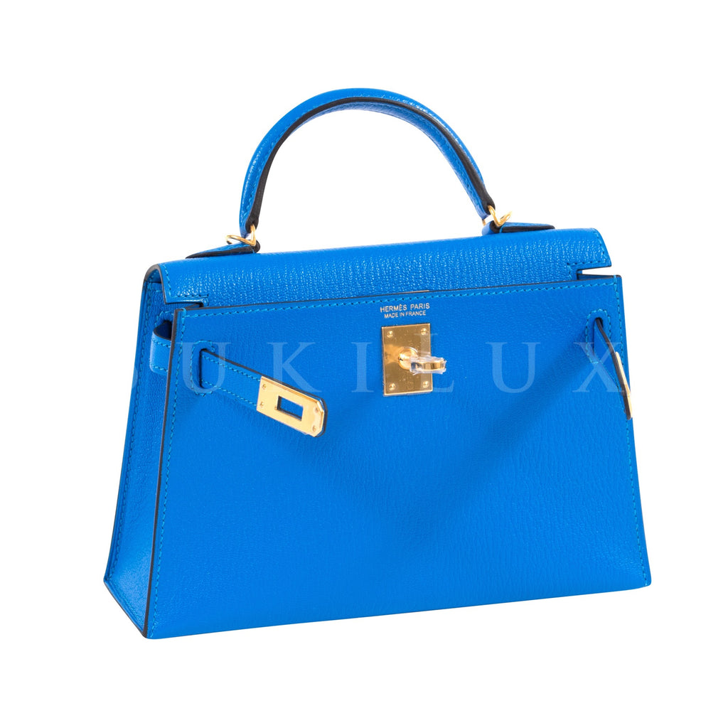 Hermès MiniKelly II Bleu Hydro Chevre Goatskin Gold Hardware