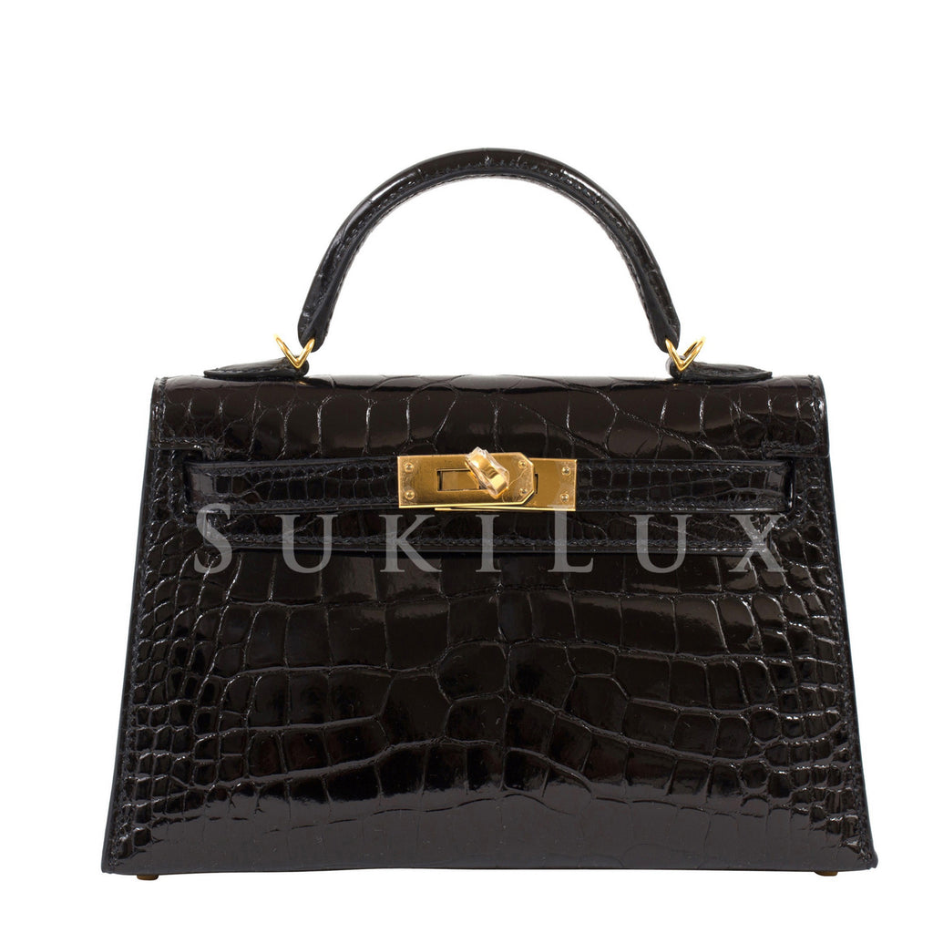 Hermès MiniKelly II Crocodile Shiny Alligator Noir 89 Gold Hardware –  SukiLux