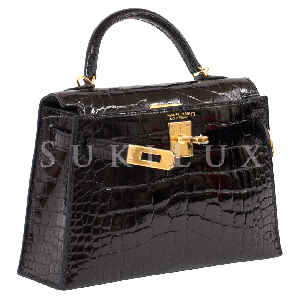 Hermès MiniKelly II Crocodile Shiny Alligator Noir 89 Gold Hardware –  SukiLux