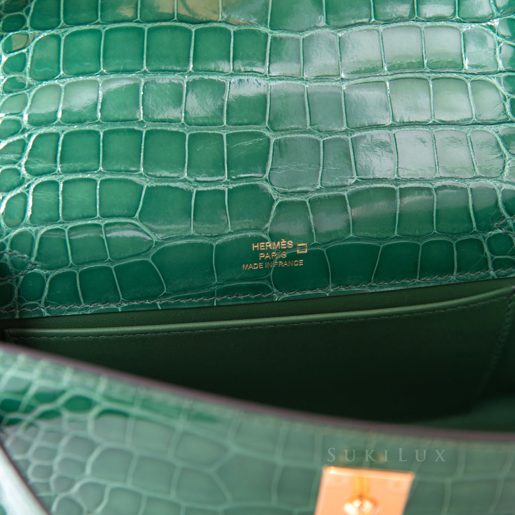 Hermès MiniKelly Pochette Crocodile Shiny Alligator Cactus Gold Hardware