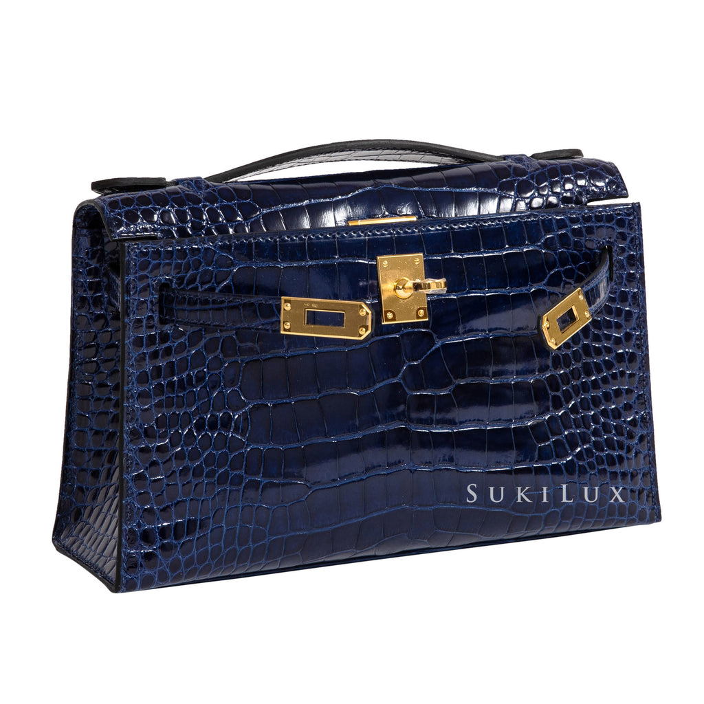 Hermès MiniKelly Pochette Crocodile Shiny Alligator 73 Bleu Sapphire Gold Hardware