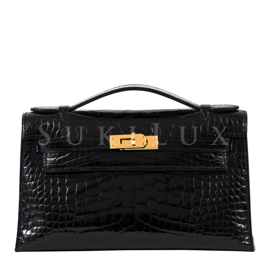 Hermès MiniKelly Pochette Noir 89 Alligator Gold Hardware