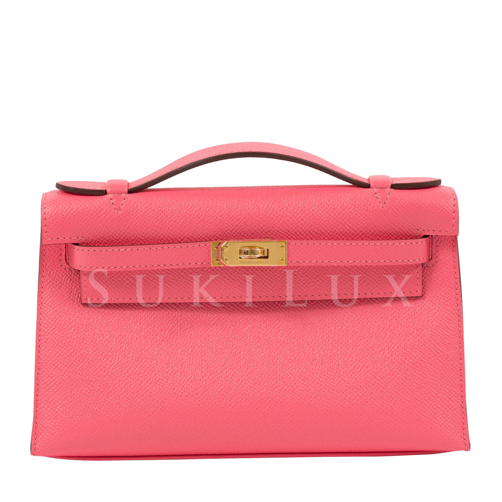 A ROSE TYRIEN EPSOM LEATHER KELLY POCHETTE WITH GOLD HARDWARE