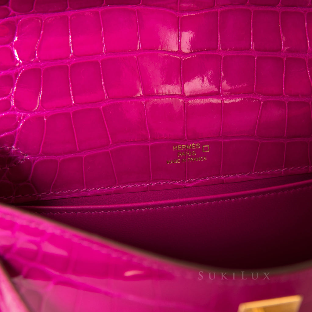 Hermès MiniKelly Pochette Crocodile Shiny Alligator J5 Rose Sharaza Gold Hardware