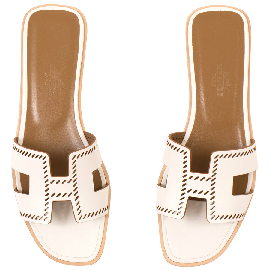 Hermès Oran Sandals Patent Perforated White