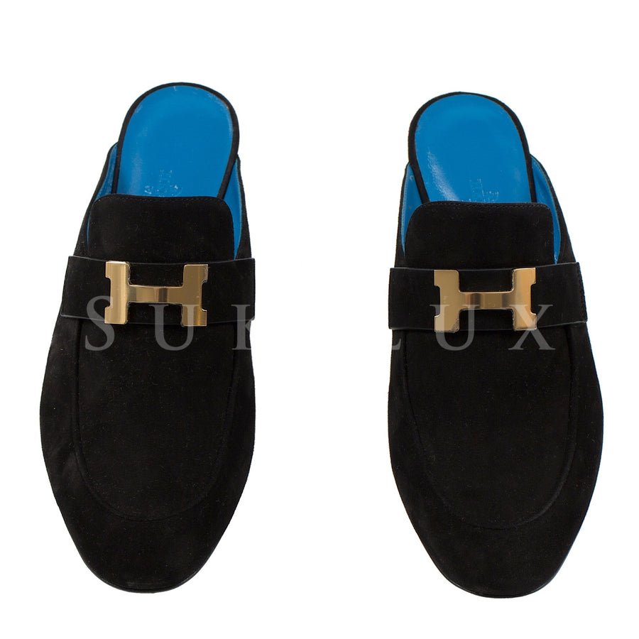 Hermès Paradis Loafers Suede Goatskin Gold Plated H Buckle in Black