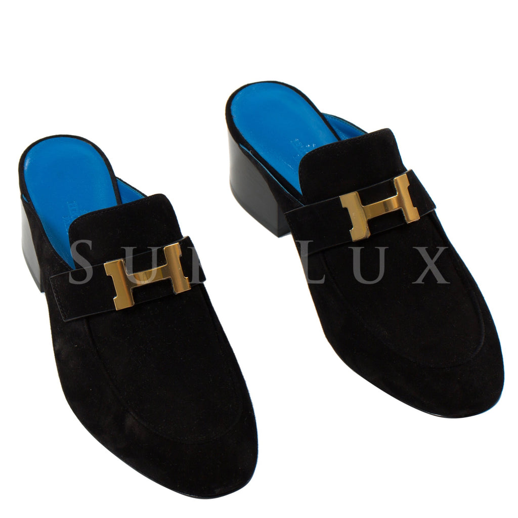 Hermès Paradis Loafers Suede Goatskin Gold Plated H Buckle in Black