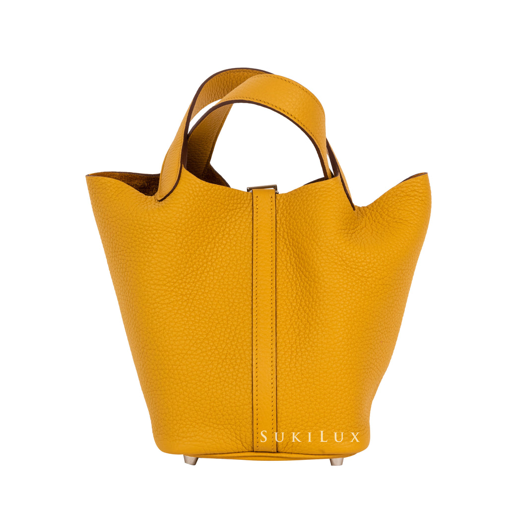 Hermes Picotin Lock bag MM Jaune ambre Clemence leather Silver hardware