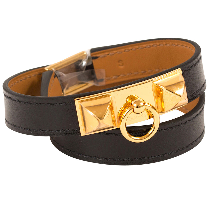 Hermès Rivale Double Tour Leather Bracelet Black Gold Hardware