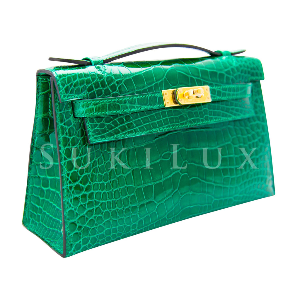 Hermès MiniKelly Pochette Crocodile Shiny Alligator 6Q Emerald Gold Hardware