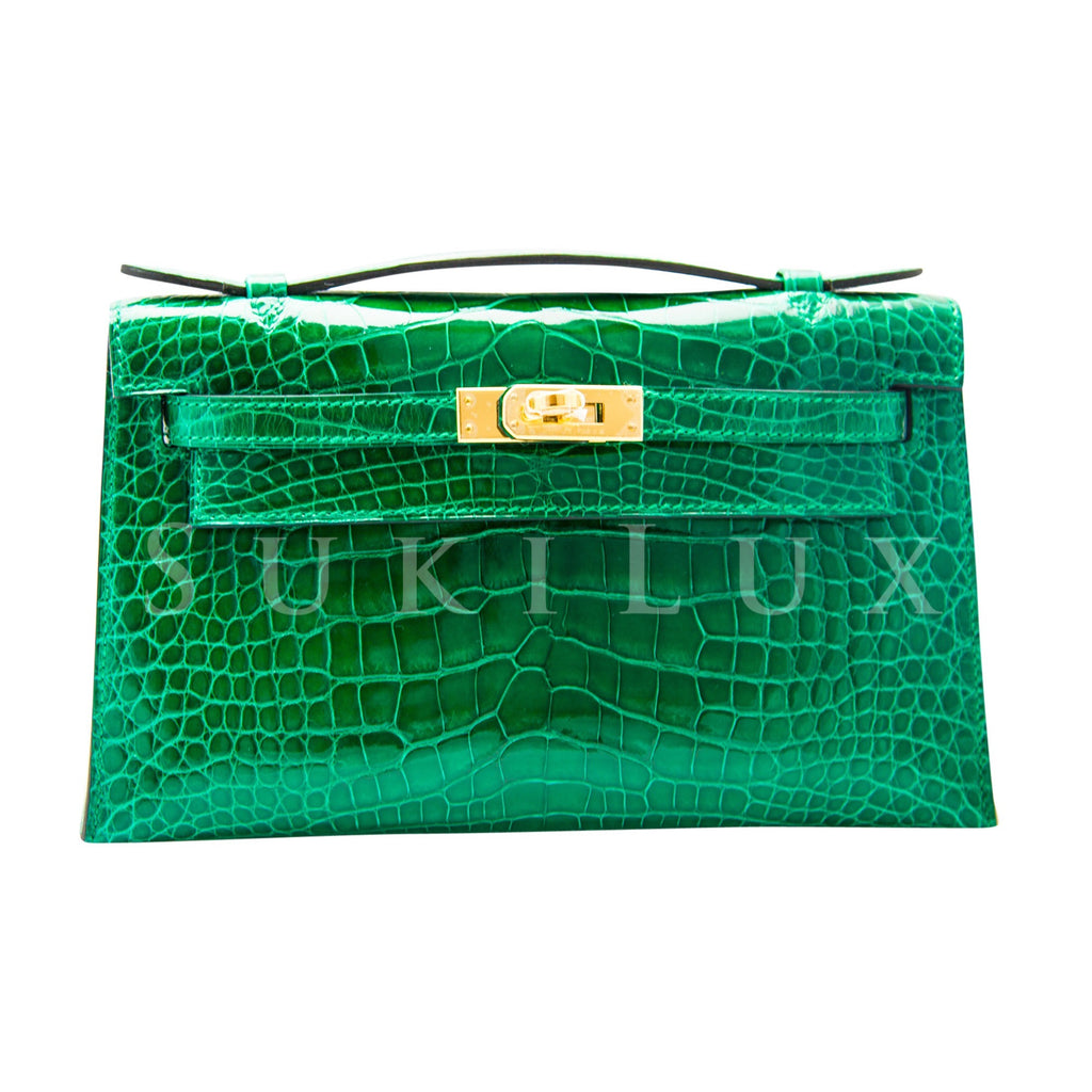 Hermes Mini Kelly Pochette Vert Jade Green Crocodile Alligator Clutch