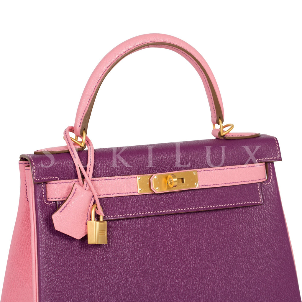 Hermès Kelly 28cm Retourne Chevre Goatskin 1Q Rose Confettie/P9 Anemone Bi-color Gold Hardware