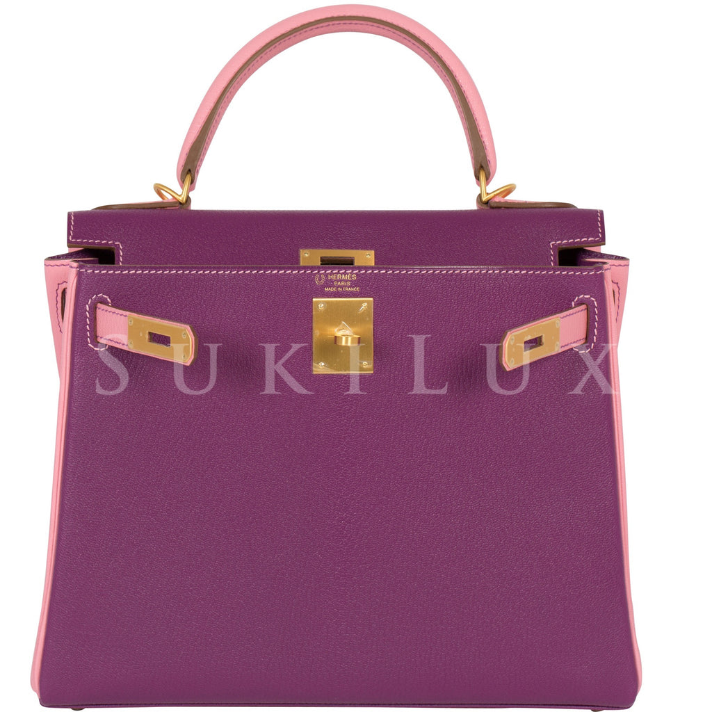 Hermès Kelly 28cm Retourne Chevre Goatskin 1Q Rose Confettie/P9 Anemone  Bi-color Gold Hardware