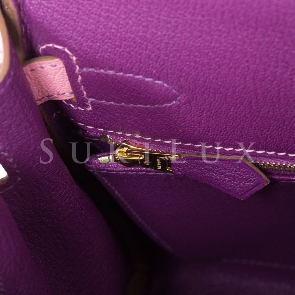 Hermès Kelly 28cm Retourne Chevre Goatskin 1Q Rose Confettie/P9 Anemone Bi-color Gold Hardware