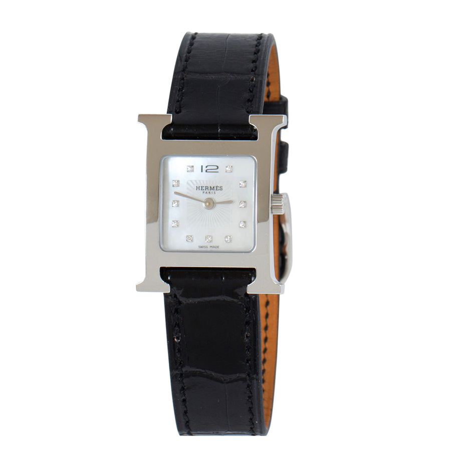 Hermès Heure H Watch PM Diamond Dial Palladium Plated Black Alligator Strap
