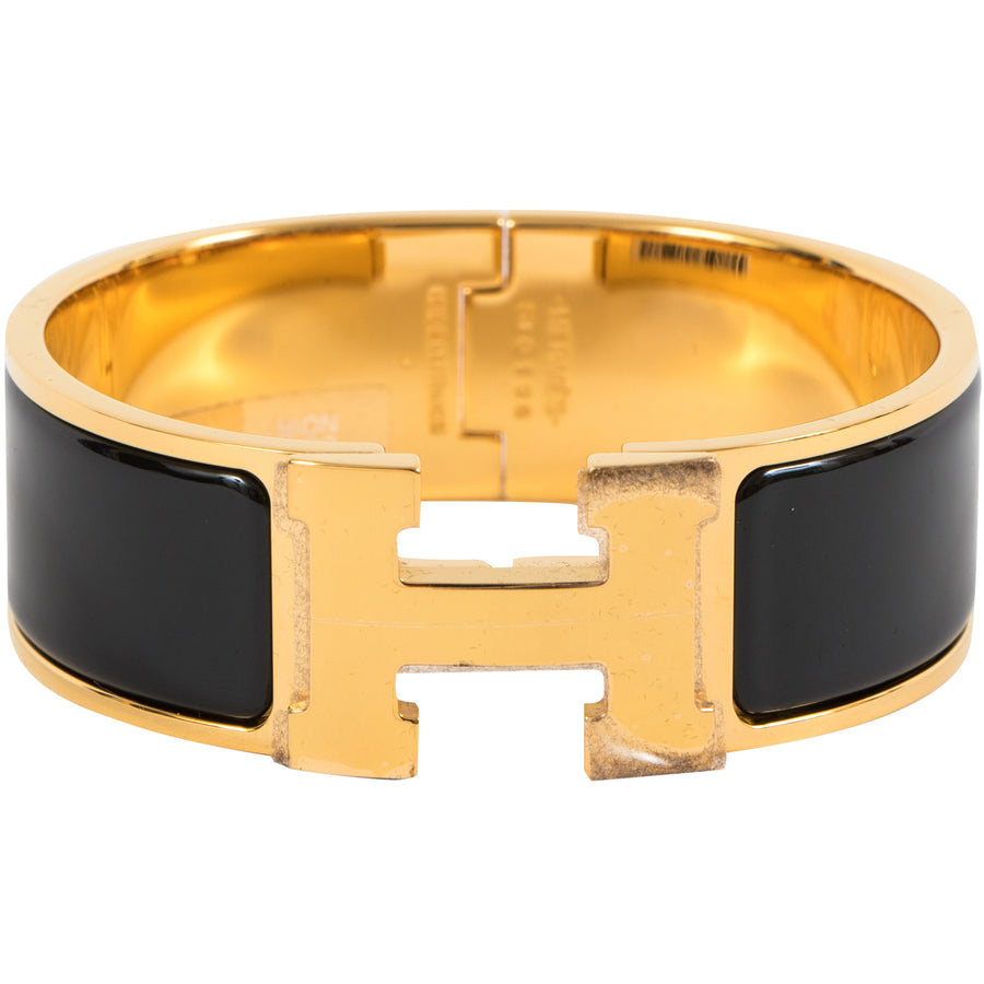 Hermès Clic Clac H Wide Enamel Bracelet Noir 89 Gold Plated