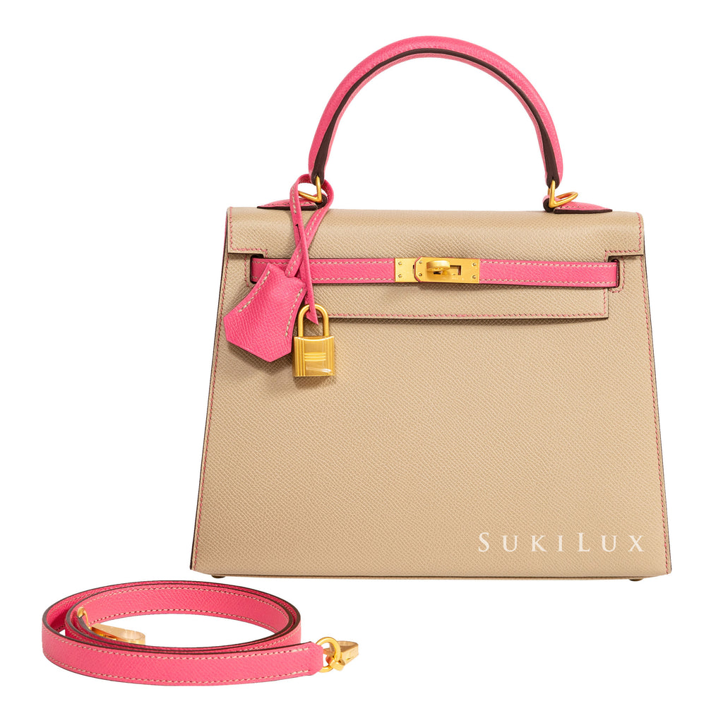 Hermès Kelly 25cm Sellier Veau Epsom S2 Trench/ 8W Rose Azalee Bi-color Gold Hardware