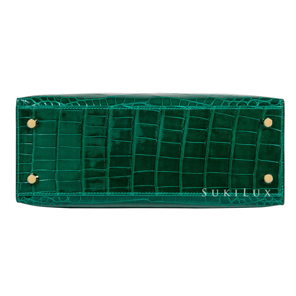 Hermès Kelly 25cm Sellier Crocodile Alligator 6Q Vert Emeraud Gold Hardware