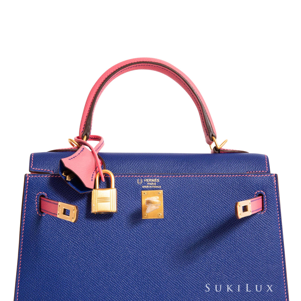 Hermès Kelly 25cm Sellier Veau Epsom 1Q Rose Confetti/ 3P Blue Atoll  Bi-Color Gold Hardware