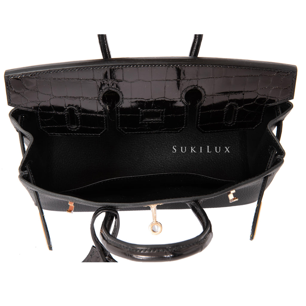 Hermès Birkin Limited Edition 25 Noir (Black) Touch Novillo Crocodile  Niloticus Lisse Rose Gold Hardware RGHW