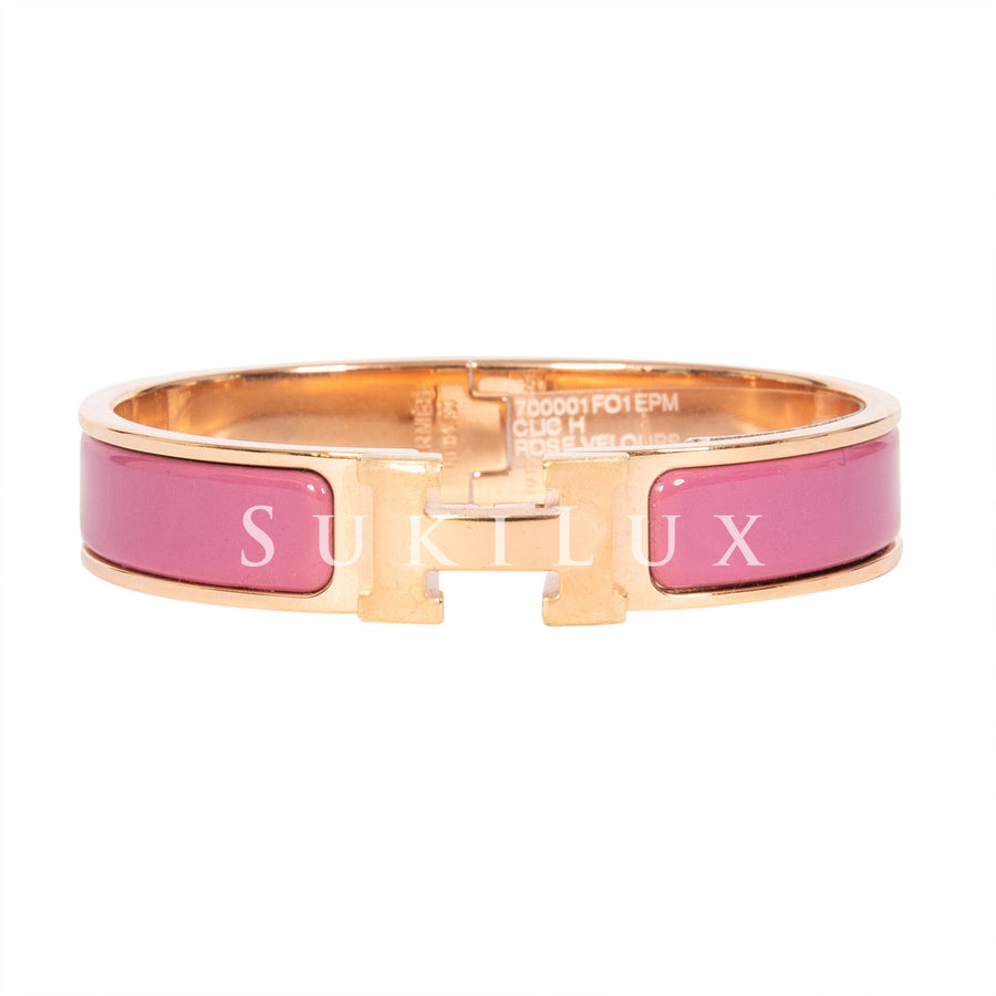 Hermès Clic Clac H Narrow Rose Velours Pink Enamel Bracelet Rose Gold Hardware