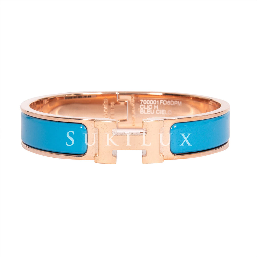 Hermès Clic Clac H Narrow Bleu Cielo Enamel Bracelet Rose Gold Hardware