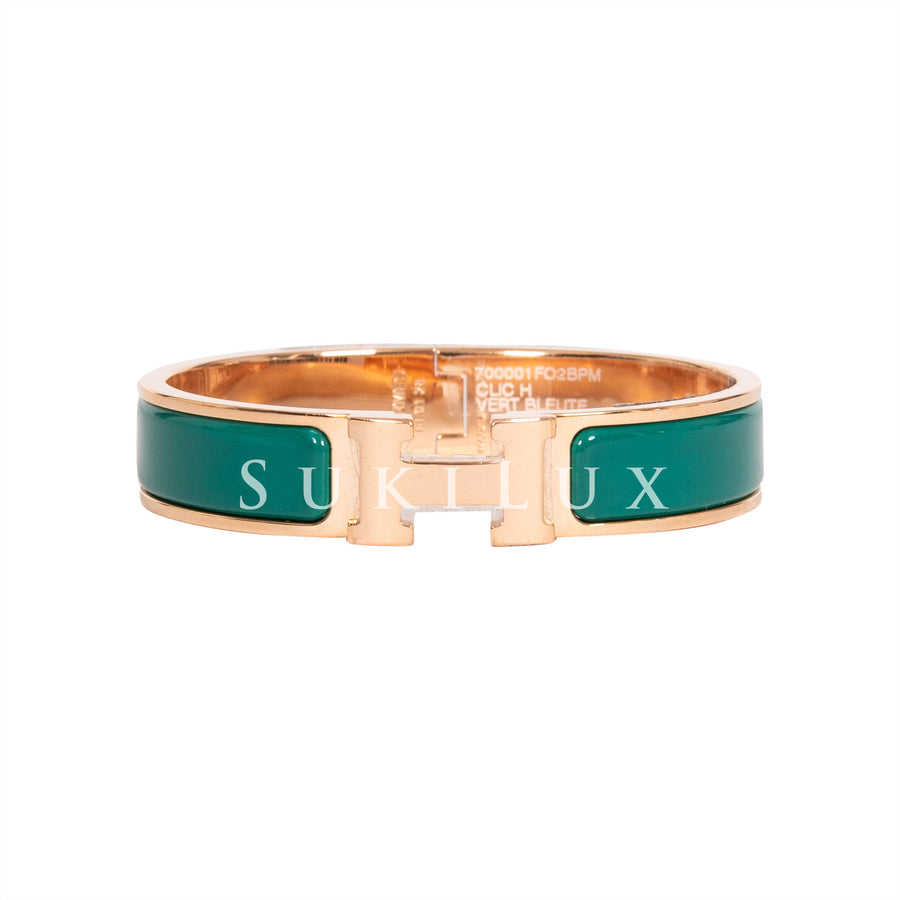 Hermès Clic Clac H Narrow Vert Bleute Green Enamel Bracelet Rose Gold Hardware