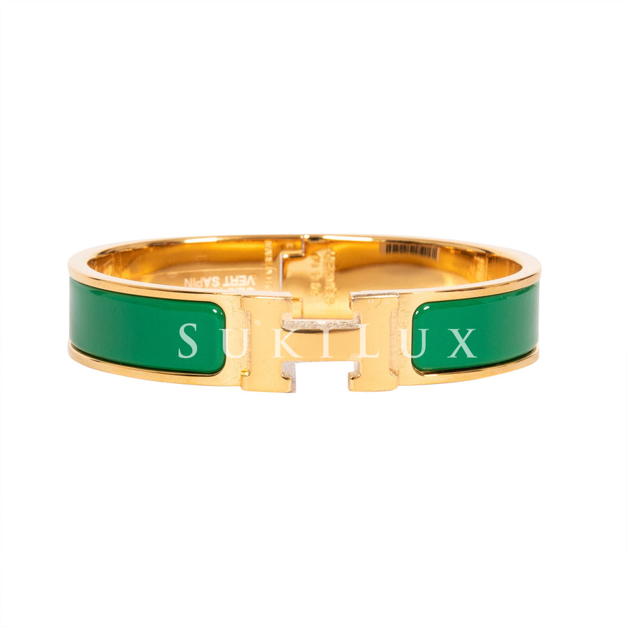 Hermès Clic Clac H Narrow Vert Sapin Green Enamel Bracelet Gold Hardware