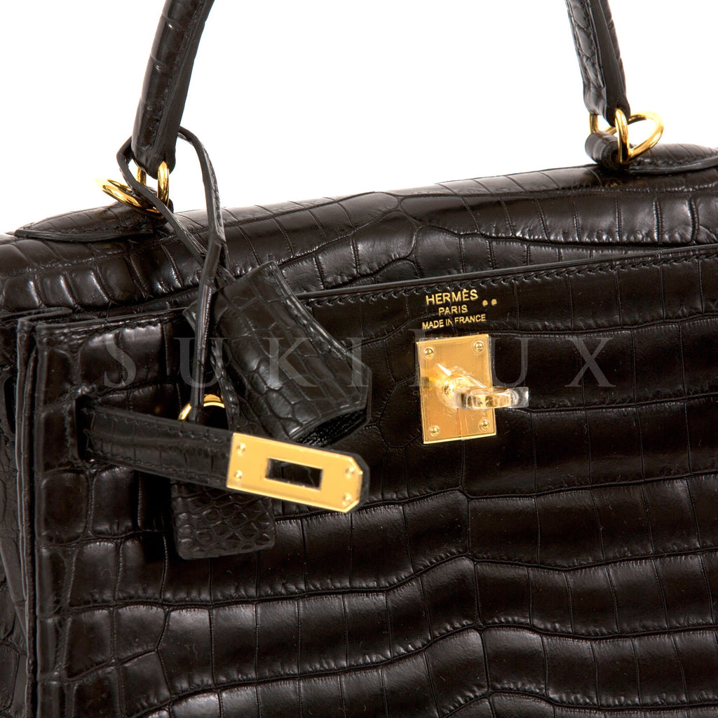 Hermes Kelly Retourne 28 Noir Black Matte Alligator Bag Handbag